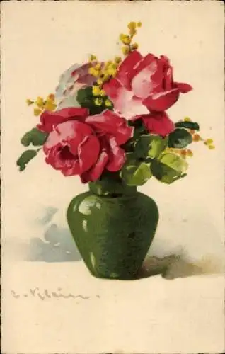 Künstler Ak Klein, Catharina, Rote Rosen, Mimose, Grüne Blumenvase