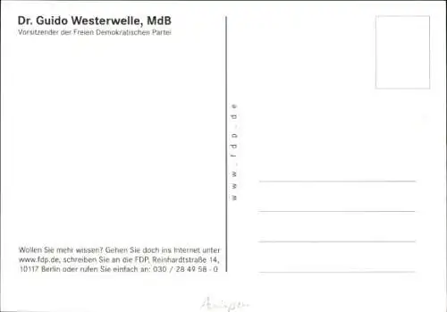 Ak Politiker Guido Westerwelle, Vorsitzender der FDP, Portrait, Autogramm