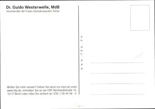 Ak Politiker Guido Westerwelle, Vorsitzender der FDP, Portrait, Autogramm