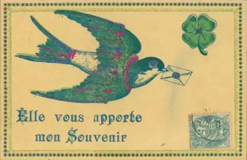 Glitzer Ak Schwalbe mit Brief im Schnabel, Glücksklee