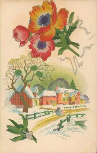 Ak Dorf im Winter, Wohnhäuser, Blumen, Mistelzweige
