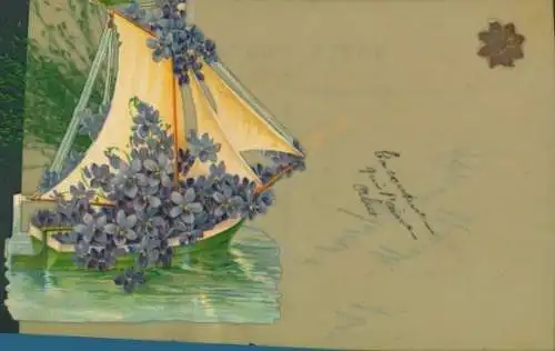 Zelluloid Ak Segelboot, Veilchen