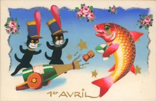 Glitzer Ak Glückwunsch 1. April, Fisch, Katzen, Kanone, Sektflasche