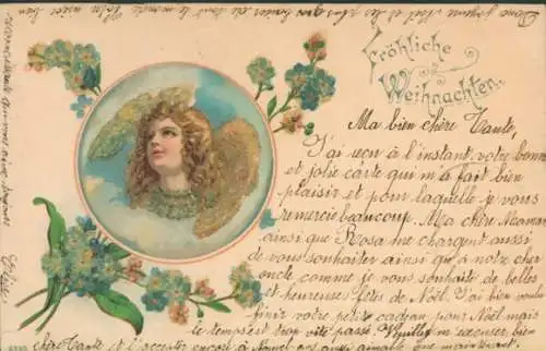 Glitzer Litho Glückwunsch Weihnachten, Mädchen, Blumen, Kitsch