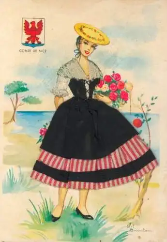 Stoff Künstler Ak Nice Alpes Maritimes, Frau in Tracht, Portrait, Blumenstrauß, Wappen