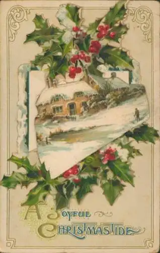 Ak Glückwunsch Weihnachten, Stechpalme, Wohnhaus, Schnee