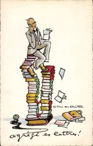 Künstler Ak Mann sitzt auf einem Bücherstapel