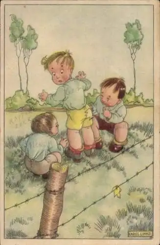 Künstler Ak Links, Karel, Stacheldrahtzaun, Junge mit zerrissener Hose
