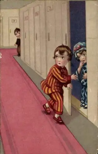 Künstler Ak Flur in einem Wohnhaus, Kinder in Schlafanzügen