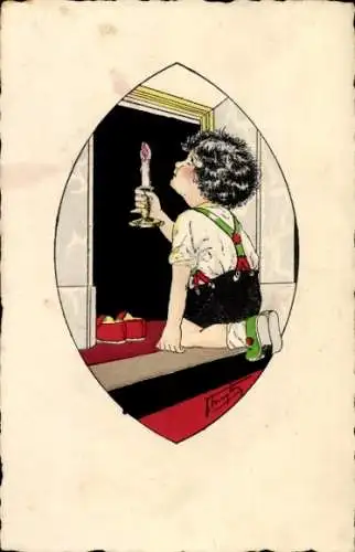 Künstler Ak Junge mit Kerze am offenen Fenster