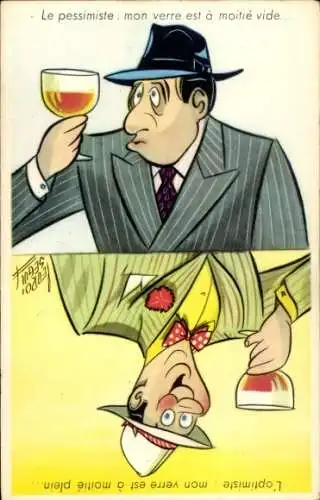 Ak Optimist und Pessimist, Glas halb voll, leer