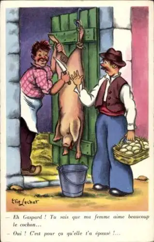 Künstler Ak Lechat, Elie, Metzger schlachtet ein Schwein