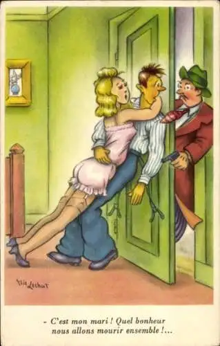 Künstler Ak Lechat, Elie, Ehemann überrascht Ehefrau mit Liebhaber