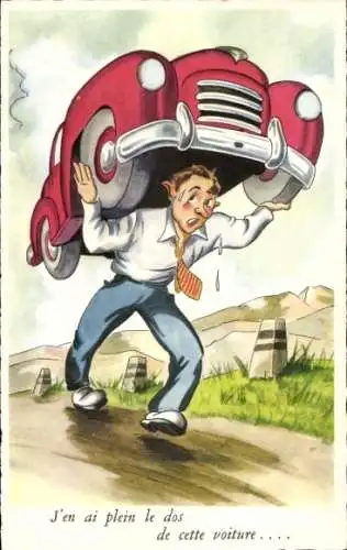 Künstler Ak Mann trägt sein kaputtes Auto