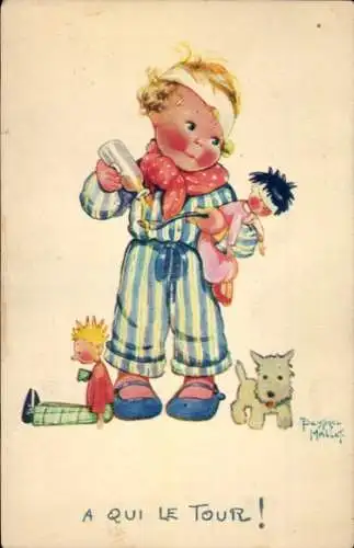 Künstler Ak Mallet, Beatrice, Kind mit Puppen, Hund, Hustensaft,Comite National de l'Enfance