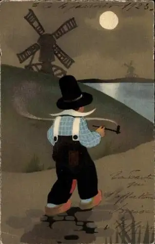 Künstler Ak Mann mit Pfeife im Mondschein, Windmühle
