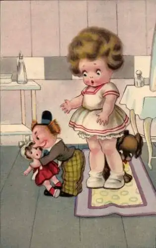 Ak Mädchen mit Puppen und Hund