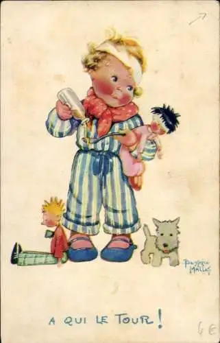 Künstler Ak Mallet, Beatrice, Kind mit Puppen, Hund, Hustensaft,Comite National de l'Enfance