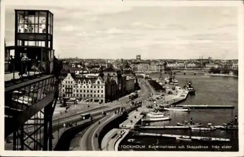 Ak Stockholm Schweden, Katharina Lift und Skeppsbron von Süden