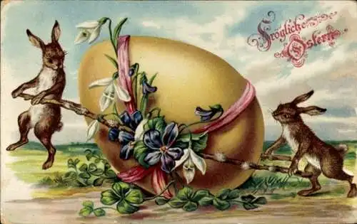 Ak Glückwunsch Ostern, Osterhasen, Osterei, Blumen, Glücksklee
