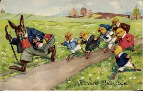 Ak Glückwunsch Ostern, Osterhase und Osterküken elegant angezogen
