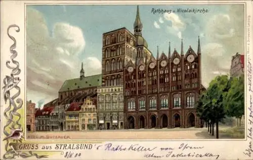 Künstler Litho Dutzauer, M., Litho Stralsund in Vorpommern, Rathaus, Nicolaikirche