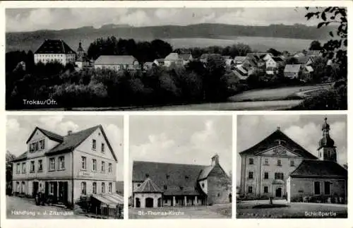 Ak Trockau Pegnitz im Kreis Bayreuth Oberfranken, Panorama, Schloss, St. Thomas Kirche, Handlung