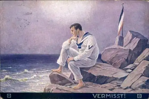 Künstler Ak Vermisst, Schiffbrüchiger deutscher Seemann auf einem Felsen am Meer
