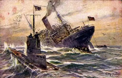 Künstler Ak Stöwer, Willy, Vernichtung eines englischen Handelsdampfers durch ein deutsches U-Boot
