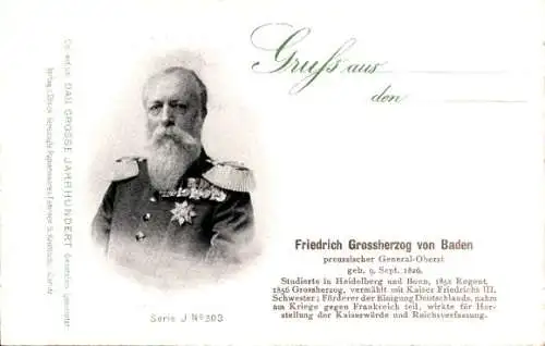 Ak Friedrich Großherzog von Baden, Preußischer Generaloberst, Portrait mit Orden, Serie J. Nr. 303