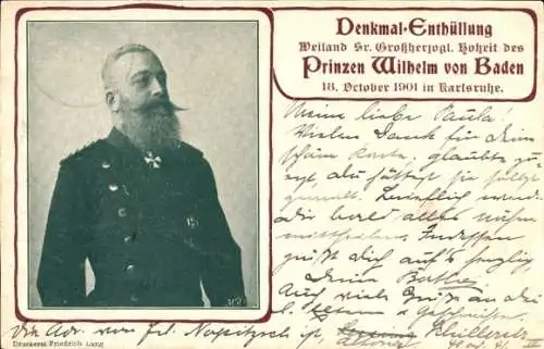 Ak Prinz Wilhelm von Baden, Portrait, Denkmal-Enthüllung Karlsruhe 1901