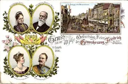 Litho Großherzog Friedrich von Baden, Großherzogin Luise, Festzug 70. Geburtstag, Erbgroßherzogspaar