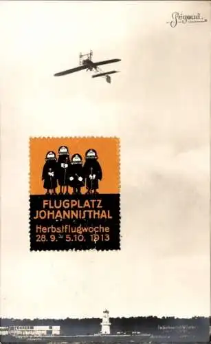 Ak Pilot Adolphe Pegoud in seinem Flugzeug, Vignette Flugplatz Johannisthal, Herbstflugwoche 1913