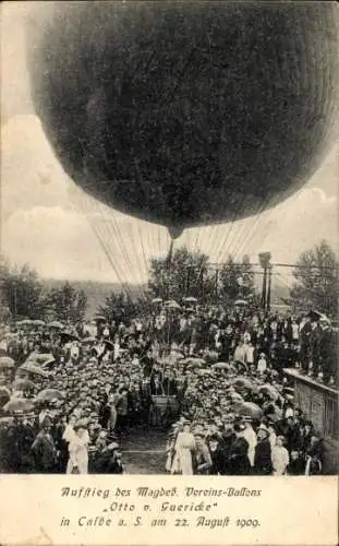 Ak Magdeb. Vereins-Ballon Otto von Guericke, Aufstieg in Calbe an der Saale 1909, Zuschauer