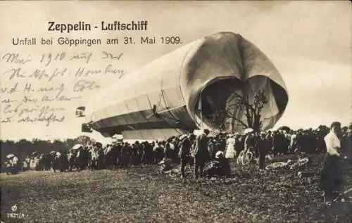 Ak Zeppelin Luftschiff II, Unfall bei Göppingen 31. Mai 1909, Baum, Schaulustige