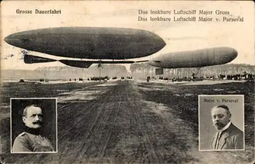 Ak Große Dauerfahrt, lenkbares Luftschiff Major Gross, Luftschiff Major v. Parseval, Portraits