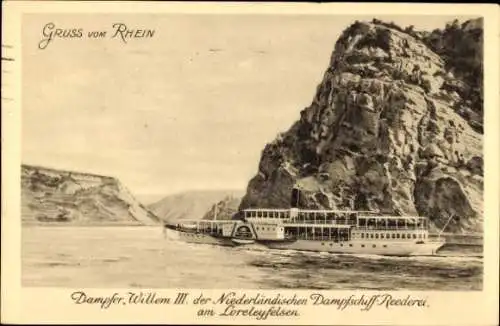 Ak Sankt Goarshausen am Rhein, Loreleyfelsen, Dampfer Wilhelmina, Niederländer Dampfschifffahrt