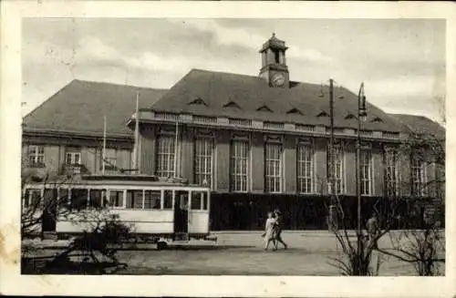 Ak Bydgoszcz Bromberg Westpreußen, Hauptbahnhof, Straßenbahn