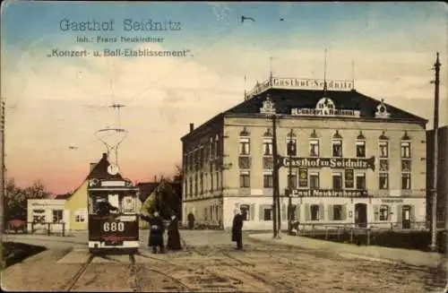 Ak Dresden Seidnitz, Gasthof Seidnitz, Straßenbahn Nr. 680