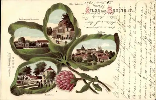 Litho Bad Bentheim in Niedersachsen, Badehaus, Kurhaus, Brunnen, Schloss, Hotel Bellevue