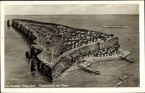 Künstler Ak Helgoland, Nordseeinsel, Totalansicht mit Düne