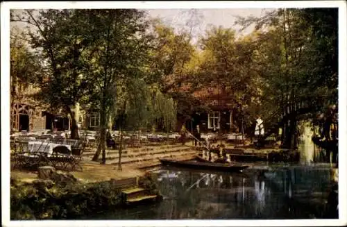 Ak Lehde Lübbenau im Spreewald, Zum fröhlichen Hecht, Terrasse, Venedig des Spreewaldes