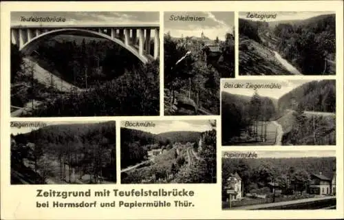 Ak Hermsdorf in Thüringen, Zeitzgrund mit Teufelstalbrücke, Papiermühle