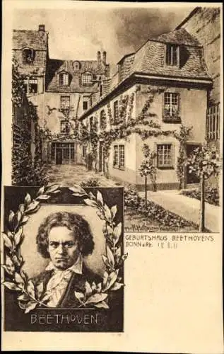 Ak Bonn am Rhein, Geburtshaus Beethovens, Portrait mit Eichenkranz