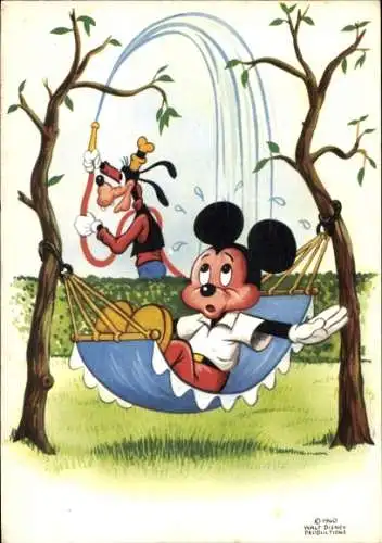 Ak Walt Disney, Micky Maus, Goofy, Hängematte, Wasserschlauch