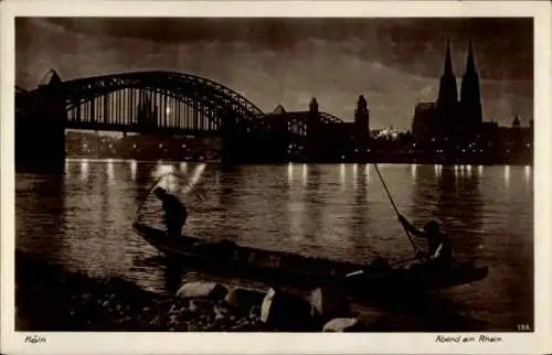 Ak Köln am Rhein, Abend am Rhein, Rheinbrücke, Dom, Boot