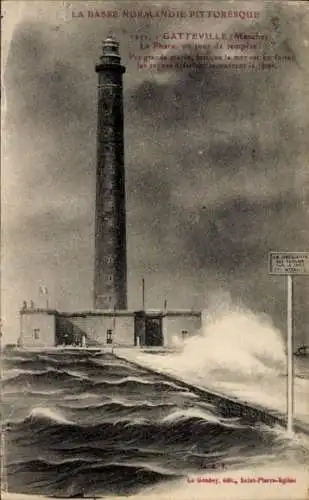 Ak Gatteville Manche, Le Phare, un jour de tempete