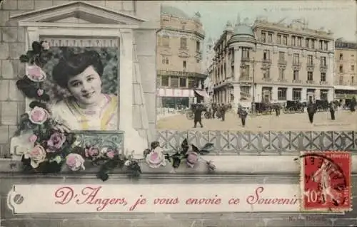 Ak Angers Maine et Loire, Gebäude, Platz, Kutschen, Frauenportrait