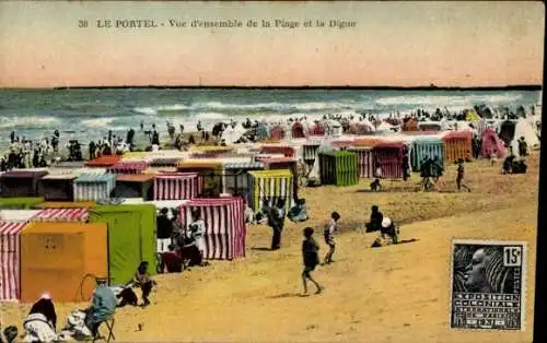 Ak Le Portel Pas de Calais, Blick auf den gesamten Strand und La Digue