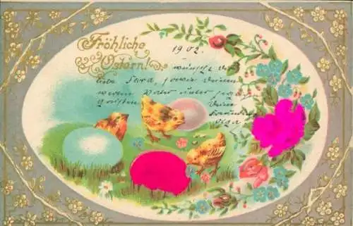 Präge Stoff Litho Glückwunsch Ostern, Küken, Ostereier, Blumen